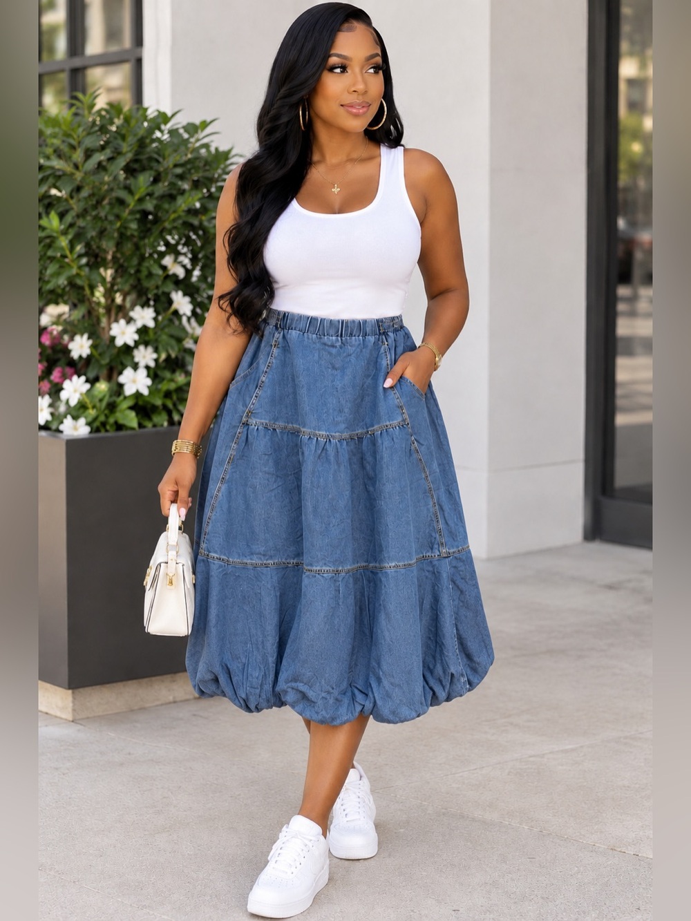 Women’s Boho Bubble Hem Washed Denim Skirt